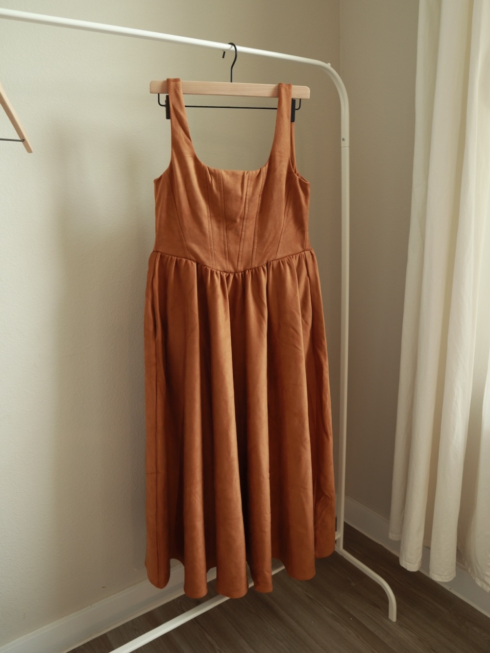 WAYF Midi Dress Brown Faux Suede Size S Desi Bustier Midi Dress